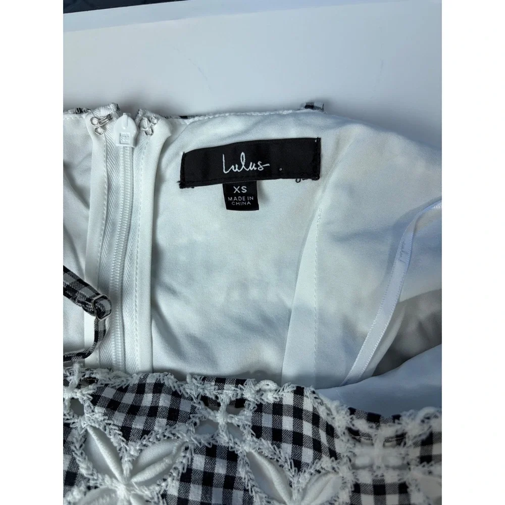 Lulus Gingham Eyelet Midi Dress Black‎ White Checkered Floral Embroidery Cottage